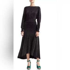 Maje Rio Metallic V Back long sleeve Midi Dress  black multicolor sparkle 1 S